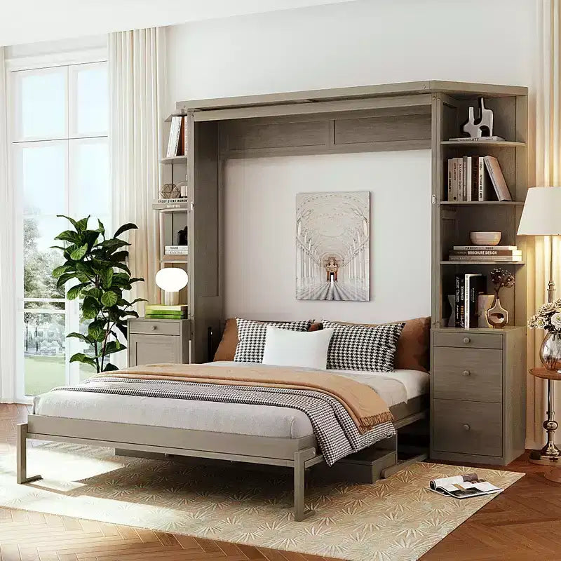 GDF Studio Leonard Murphy Bed with Desk, Storage Shelves and Cabinets, Lights