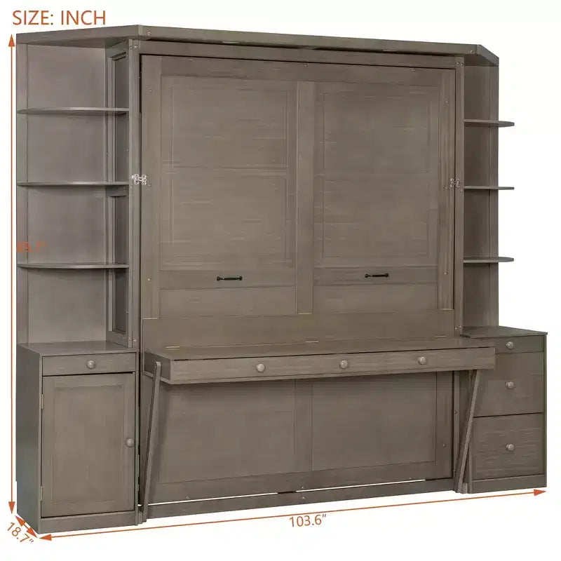 GDF Studio Leonard Murphy Bed with Desk, Storage Shelves and Cabinets, Lights