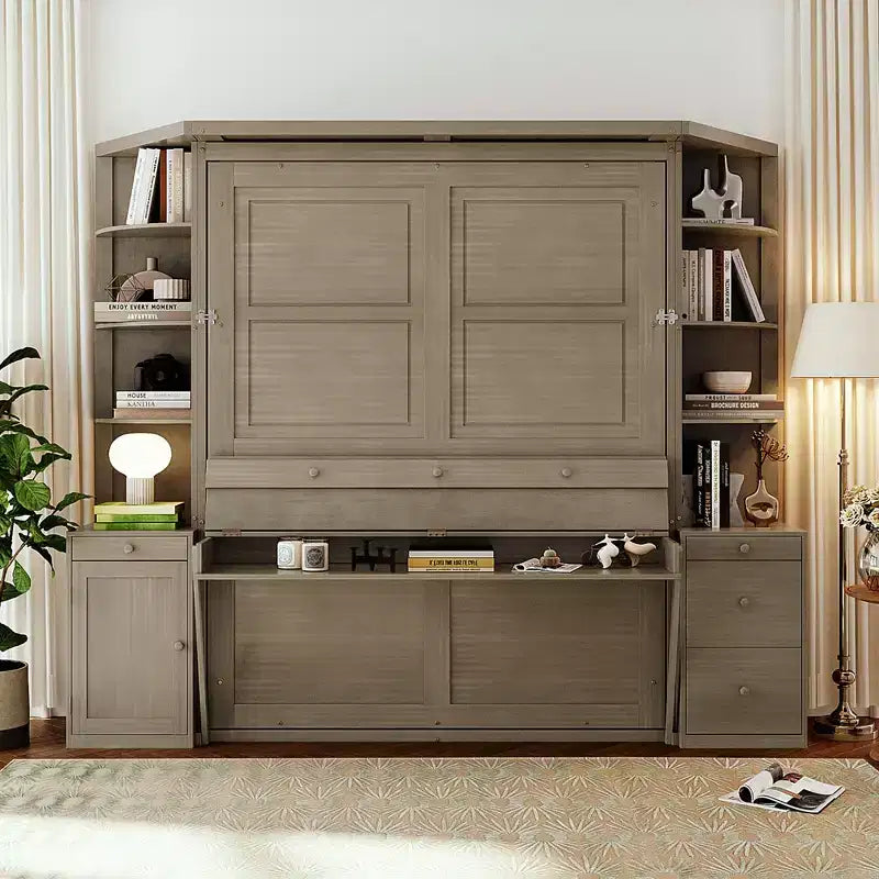 GDF Studio Leonard Murphy Bed with Desk, Storage Shelves and Cabinets, Lights