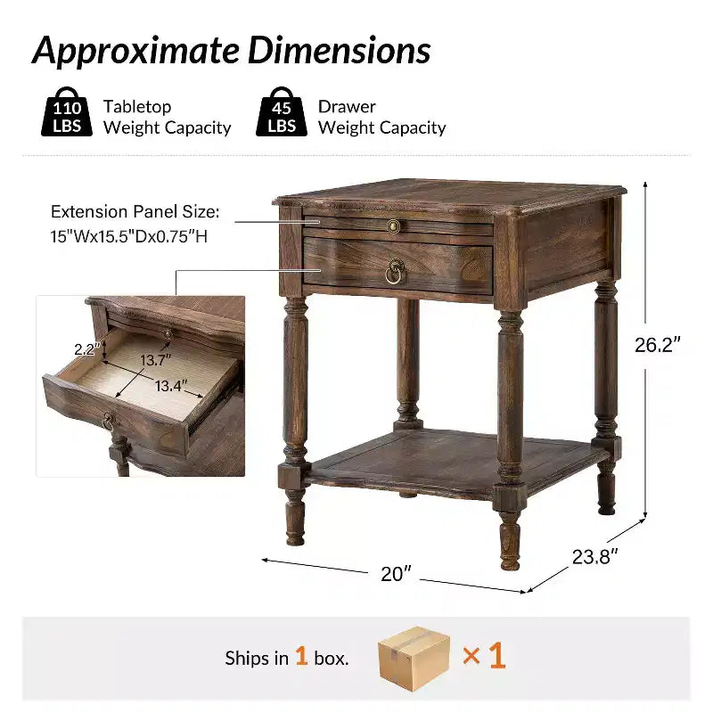 Alex 26 Tall 1 Drawer End Table with Built-in Charging Station|HULALA HOME