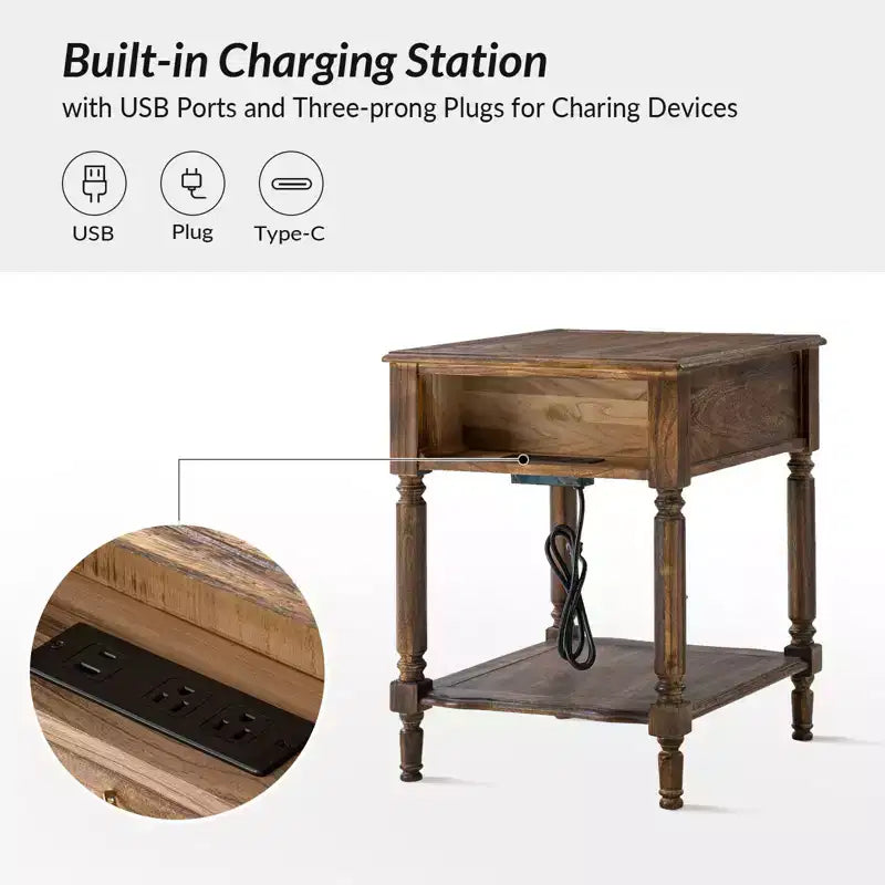 Alex 26 Tall 1 Drawer End Table with Built-in Charging Station|HULALA HOME