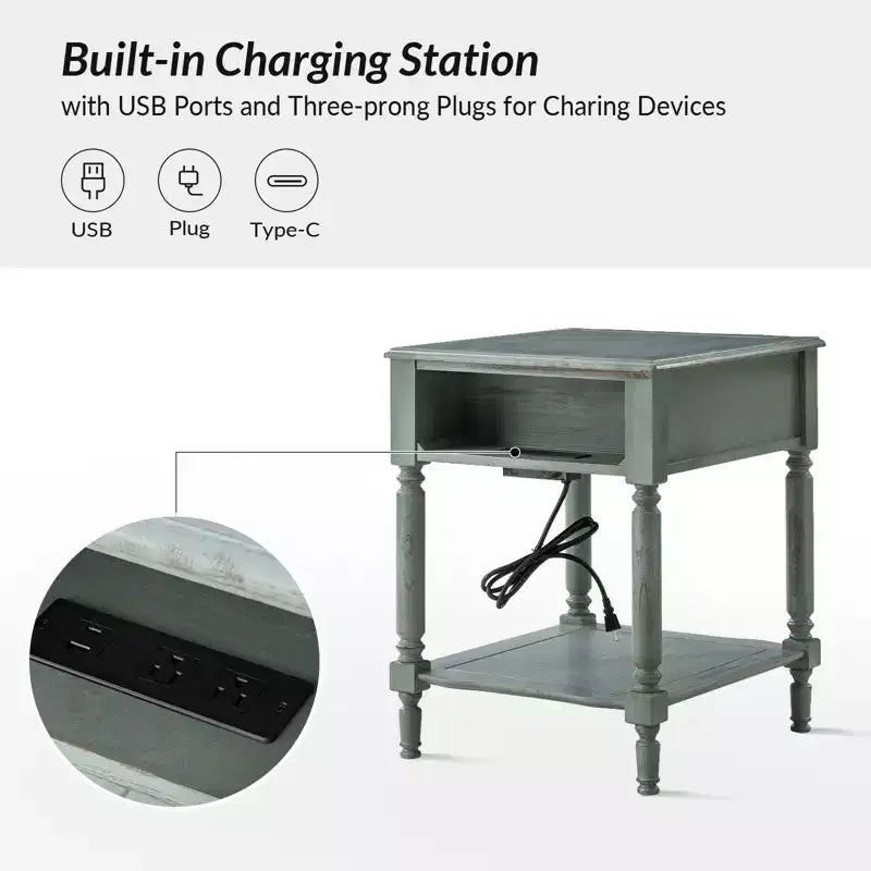 Alex 26 Tall 1 Drawer End Table with Built-in Charging Station|HULALA HOME