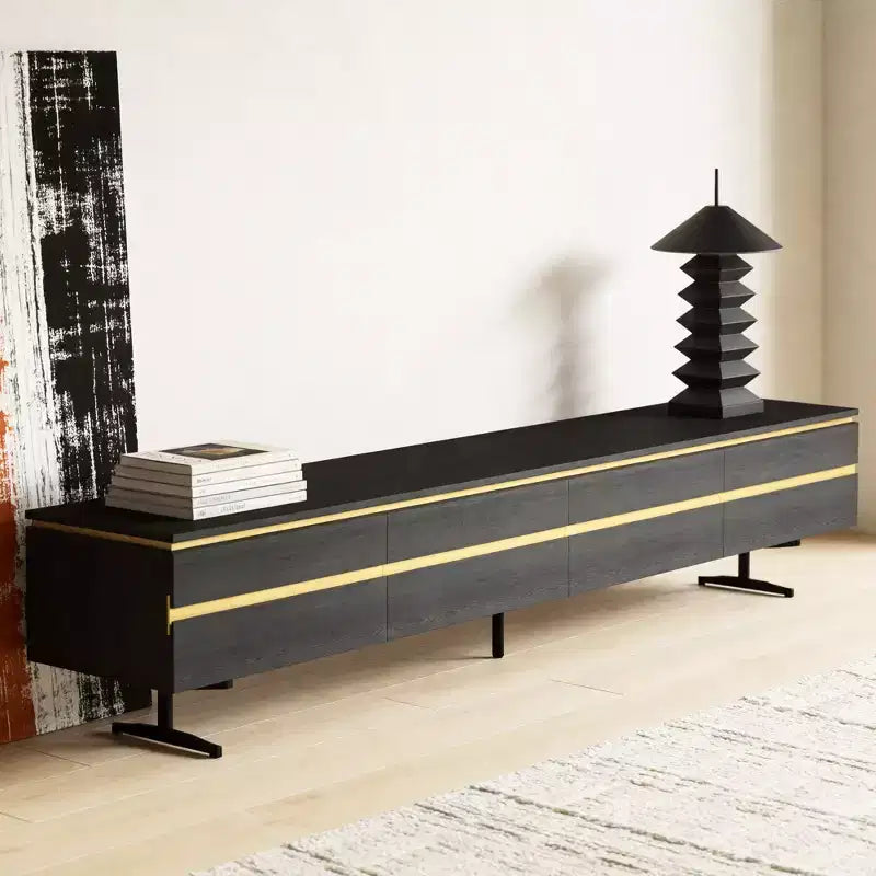 86.61 Modern Black TV Stand for 90 Inch TV Media Console with 2 Drawers Gold Accents Entertainment Center Gaoyangjiaju
