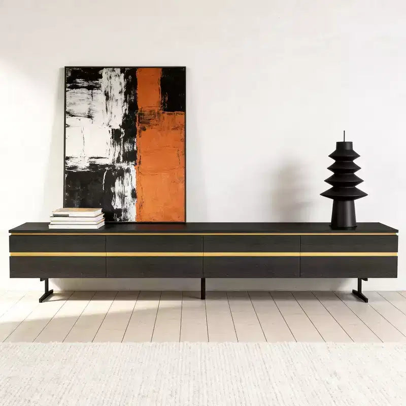 86.61 Modern Black TV Stand for 90 Inch TV Media Console with 2 Drawers Gold Accents Entertainment Center Gaoyangjiaju