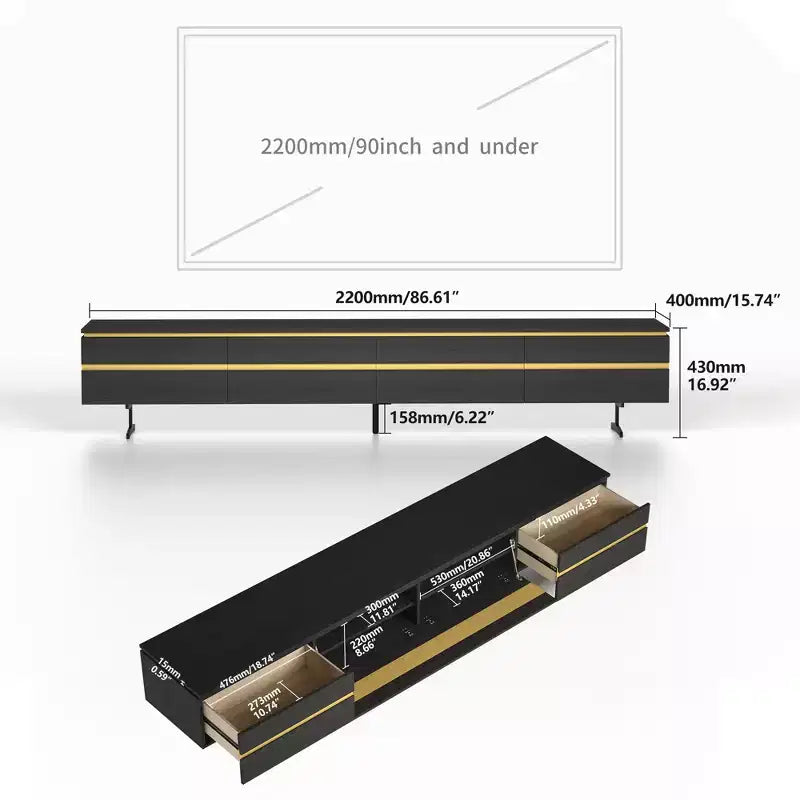 86.61 Modern Black TV Stand for 90 Inch TV Media Console with 2 Drawers Gold Accents Entertainment Center Gaoyangjiaju