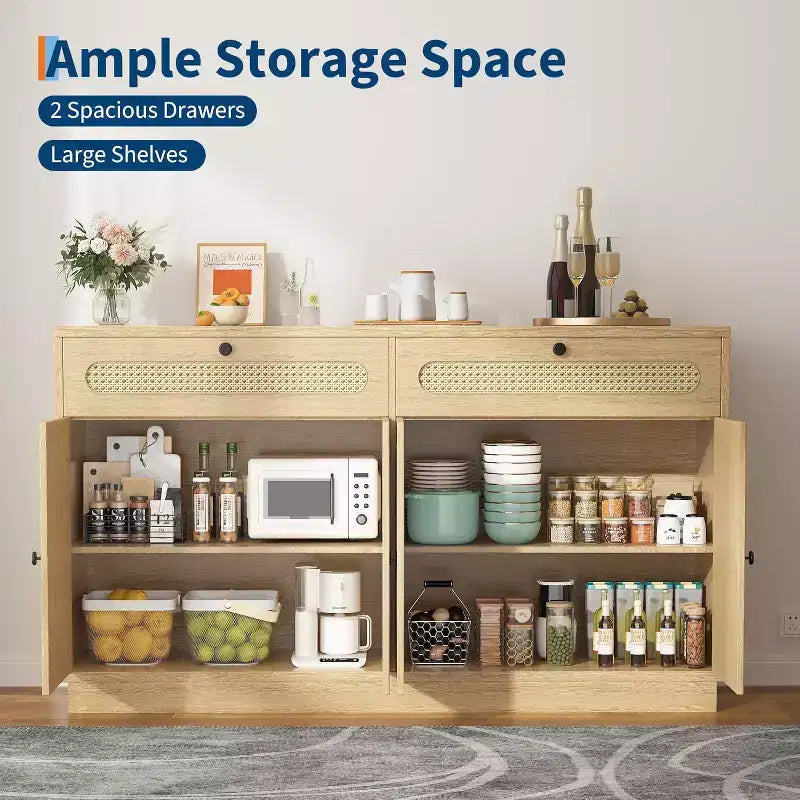 Coffee Bar Cabinet with Rattan Door Design, 60'' Buffet Cabinet with Storage, Sideboard Cabinet Featuring Adjustable 3-Level Shelves for Home