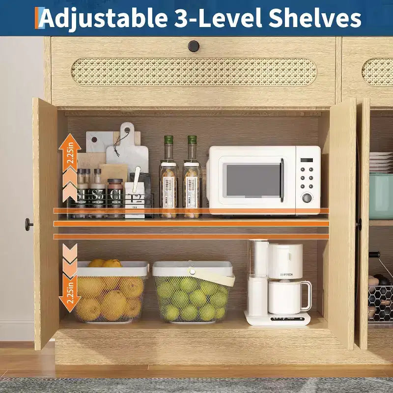 Coffee Bar Cabinet with Rattan Door Design, 60'' Buffet Cabinet with Storage, Sideboard Cabinet Featuring Adjustable 3-Level Shelves for Home
