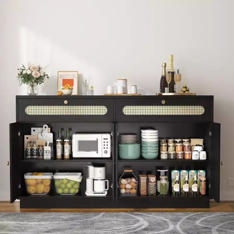 Coffee Bar Cabinet with Rattan Door Design, 60'' Buffet Cabinet with Storage, Sideboard Cabinet Featuring Adjustable 3-Level Shelves for Home