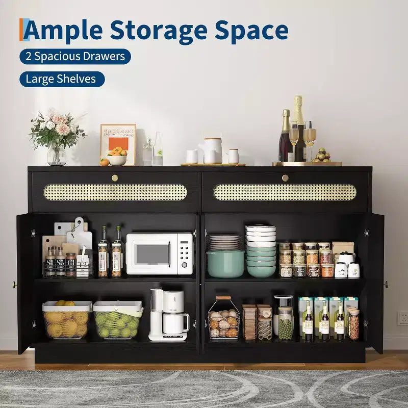 Coffee Bar Cabinet with Rattan Door Design, 60'' Buffet Cabinet with Storage, Sideboard Cabinet Featuring Adjustable 3-Level Shelves for Home