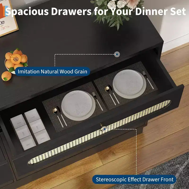 Coffee Bar Cabinet with Rattan Door Design, 60'' Buffet Cabinet with Storage, Sideboard Cabinet Featuring Adjustable 3-Level Shelves for Home