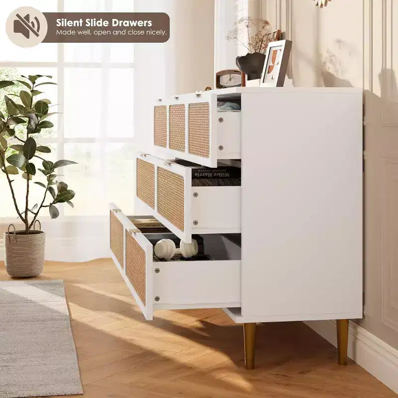 Rattan 7 Drawer Dressers for Bedroom, Tall Dresser with Deep Drawers, Large Chest of Drawers for Closet with Wide Top, Wooden Dresser for Living Room