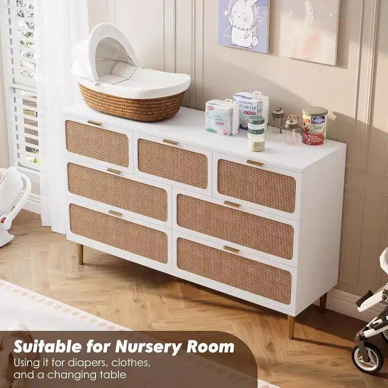 Rattan 7 Drawer Dressers for Bedroom, Tall Dresser with Deep Drawers, Large Chest of Drawers for Closet with Wide Top, Wooden Dresser for Living Room