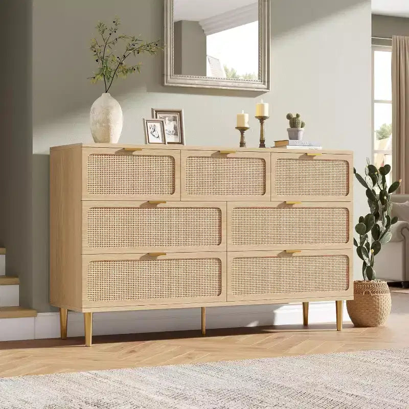 Rattan 7 Drawer Dressers for Bedroom, Tall Dresser with Deep Drawers, Large Chest of Drawers for Closet with Wide Top, Wooden Dresser for Living Room