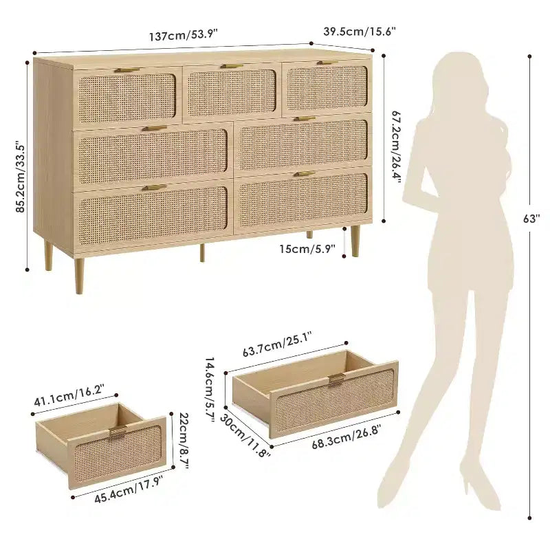 Rattan 7 Drawer Dressers for Bedroom, Tall Dresser with Deep Drawers, Large Chest of Drawers for Closet with Wide Top, Wooden Dresser for Living Room