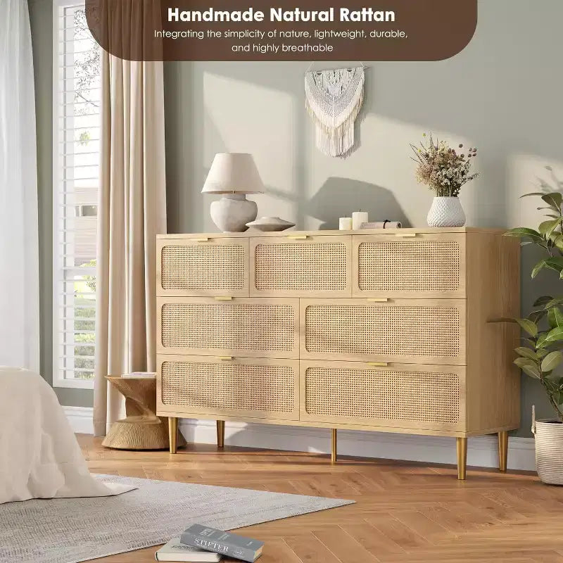 Rattan 7 Drawer Dressers for Bedroom, Tall Dresser with Deep Drawers, Large Chest of Drawers for Closet with Wide Top, Wooden Dresser for Living Room
