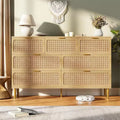 Rattan 7 Drawer Dressers for Bedroom, Tall Dresser with Deep Drawers, Large Chest of Drawers for Closet with Wide Top, Wooden Dresser for Living Room