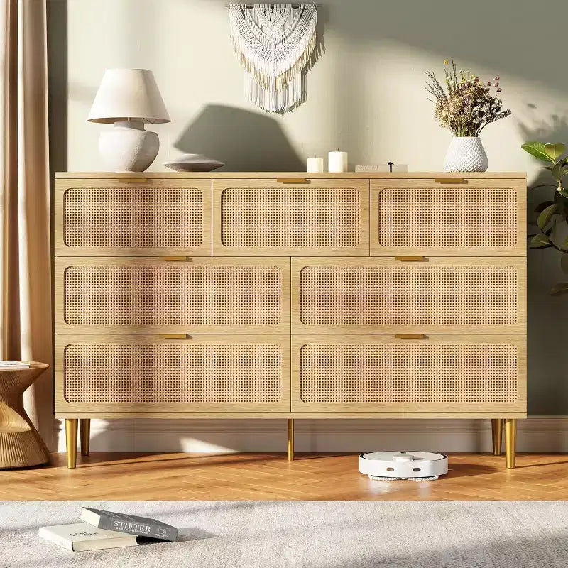 Rattan 7 Drawer Dressers for Bedroom, Tall Dresser with Deep Drawers, Large Chest of Drawers for Closet with Wide Top, Wooden Dresser for Living Room