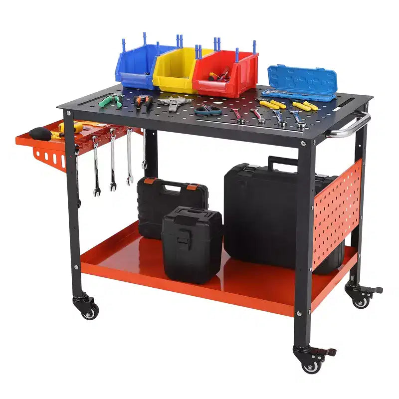 36X24x29.8 Welding Table with Wheels, Storage & Pegboard  Heavy Duty Steel Mobile Welding Bench, Portable Workshop Table for Hobbyist (Orange)
