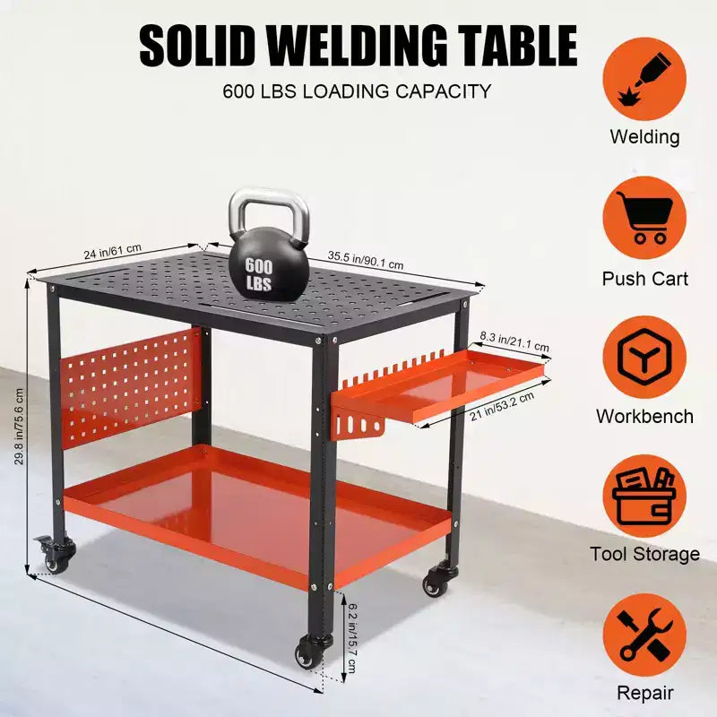 36X24x29.8 Welding Table with Wheels, Storage & Pegboard  Heavy Duty Steel Mobile Welding Bench, Portable Workshop Table for Hobbyist (Orange)