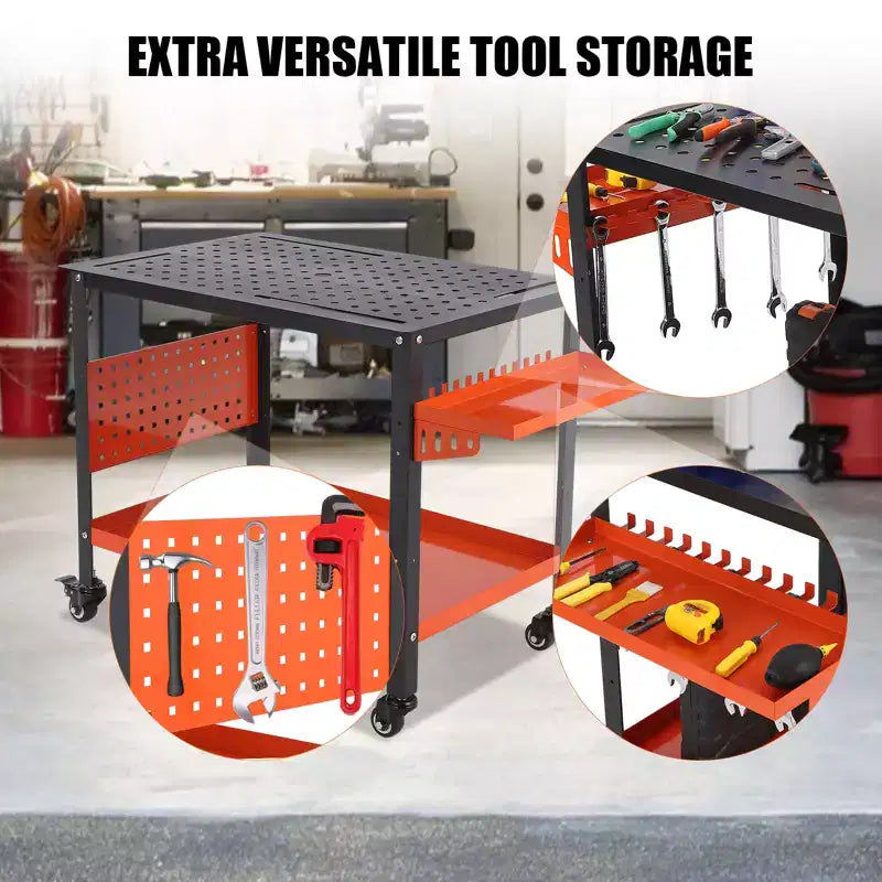 36X24x29.8 Welding Table with Wheels, Storage & Pegboard  Heavy Duty Steel Mobile Welding Bench, Portable Workshop Table for Hobbyist (Orange)