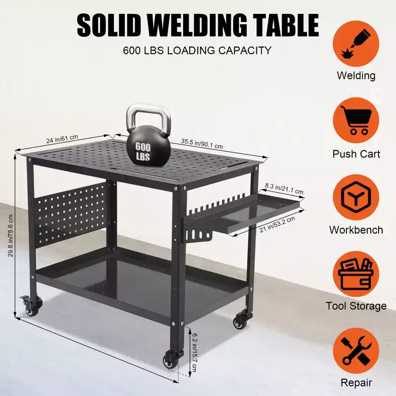 36X24x29.8 Welding Table with Wheels, Storage & Pegboard  Heavy Duty Steel Mobile Welding Bench, Portable Workshop Table for Hobbyist (Orange)
