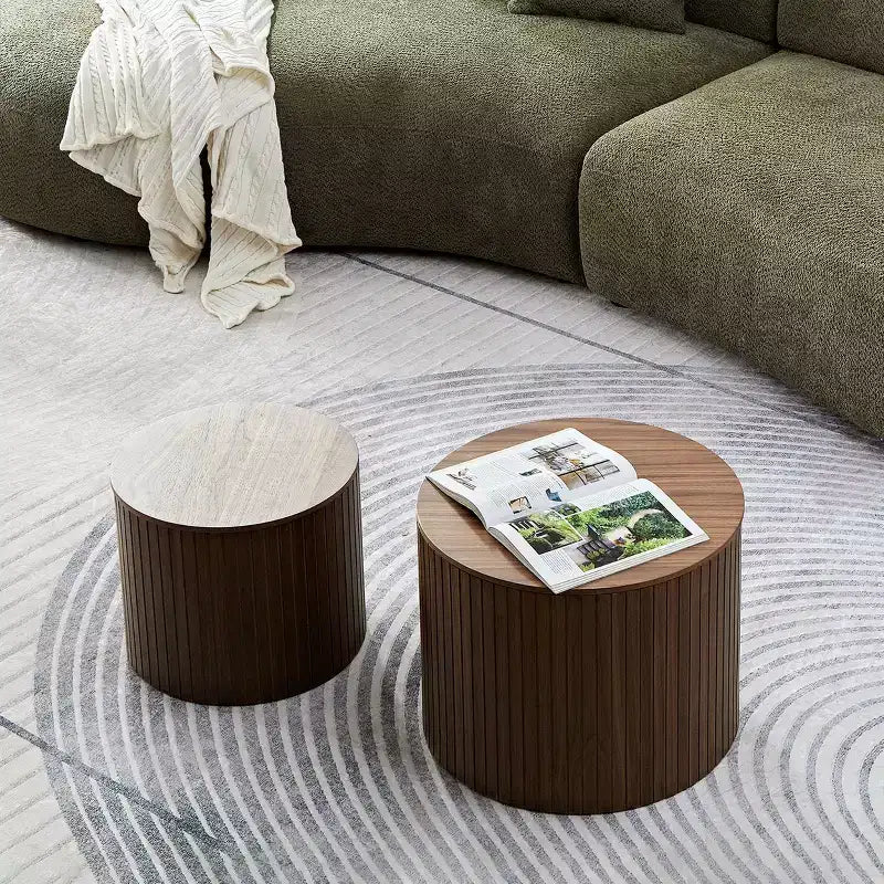 VIYET 19/15 2-Piece Handcrafted Nested Round Table Set, Walnut MDF Coffee/End Table, Space-Saving No-Assembly for Living Room/Lounge