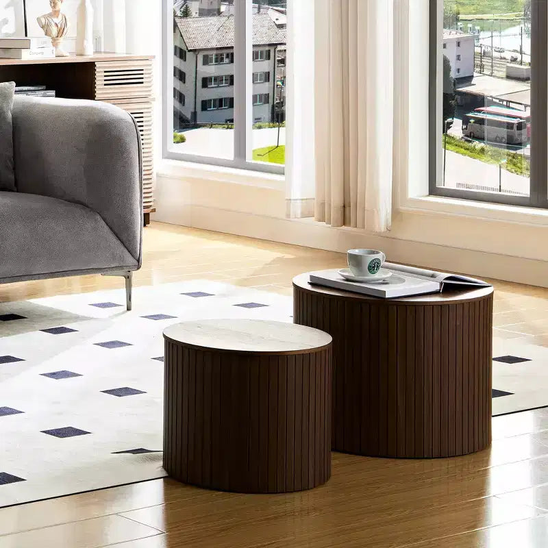 VIYET 19/15 2-Piece Handcrafted Nested Round Table Set, Walnut MDF Coffee/End Table, Space-Saving No-Assembly for Living Room/Lounge