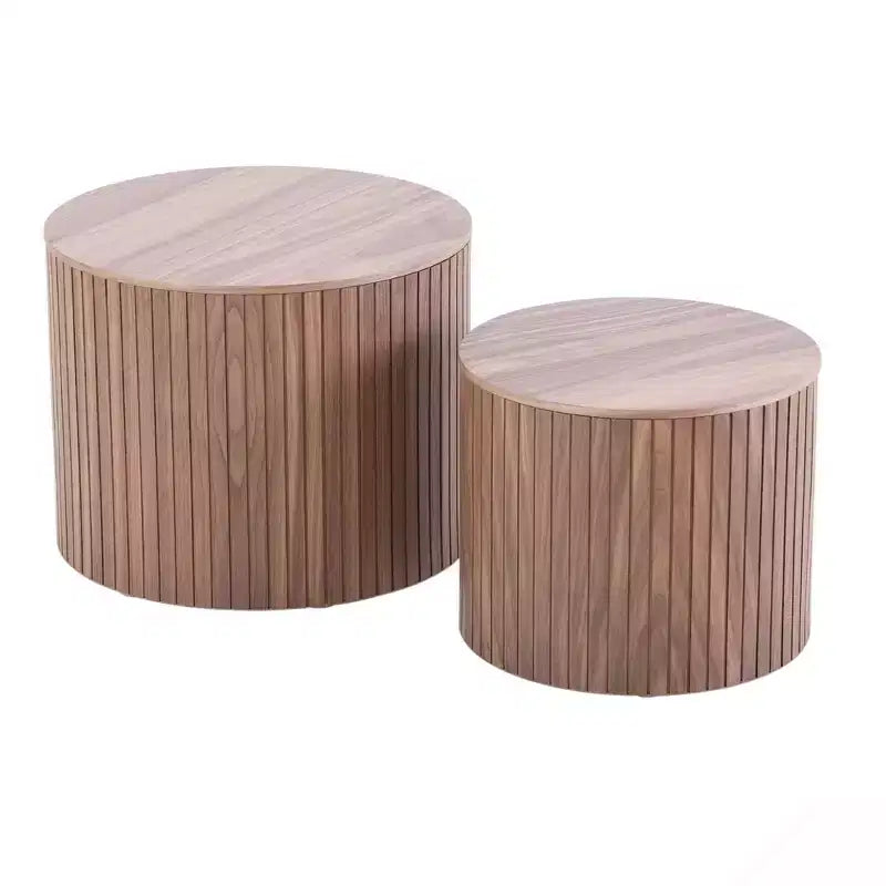 VIYET 19/15 2-Piece Handcrafted Nested Round Table Set, Walnut MDF Coffee/End Table, Space-Saving No-Assembly for Living Room/Lounge