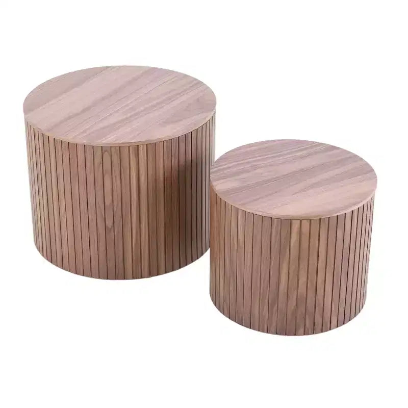 VIYET 19/15 2-Piece Handcrafted Nested Round Table Set, Walnut MDF Coffee/End Table, Space-Saving No-Assembly for Living Room/Lounge