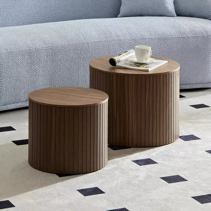 VIYET 19/15 2-Piece Handcrafted Nested Round Table Set, Walnut MDF Coffee/End Table, Space-Saving No-Assembly for Living Room/Lounge