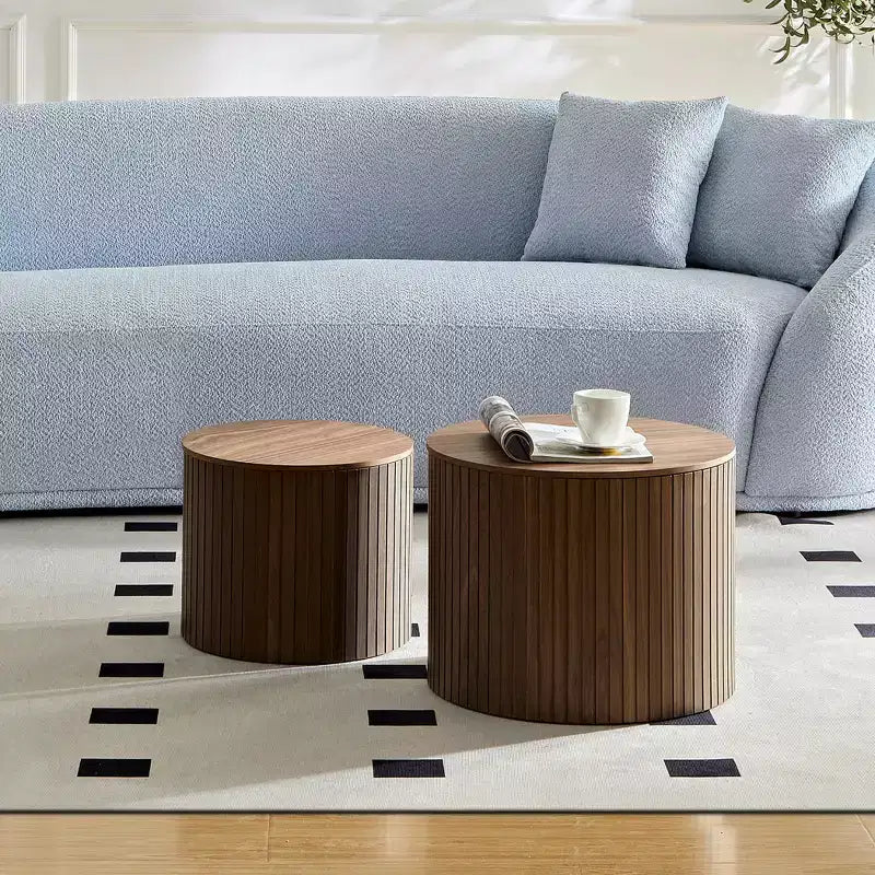 VIYET 19/15 2-Piece Handcrafted Nested Round Table Set, Walnut MDF Coffee/End Table, Space-Saving No-Assembly for Living Room/Lounge