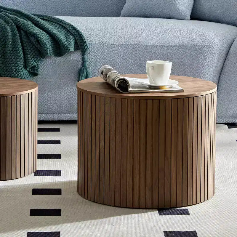 VIYET 19/15 2-Piece Handcrafted Nested Round Table Set, Walnut MDF Coffee/End Table, Space-Saving No-Assembly for Living Room/Lounge
