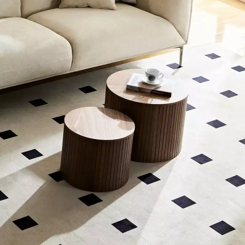 VIYET 19/15 2-Piece Handcrafted Nested Round Table Set, Walnut MDF Coffee/End Table, Space-Saving No-Assembly for Living Room/Lounge