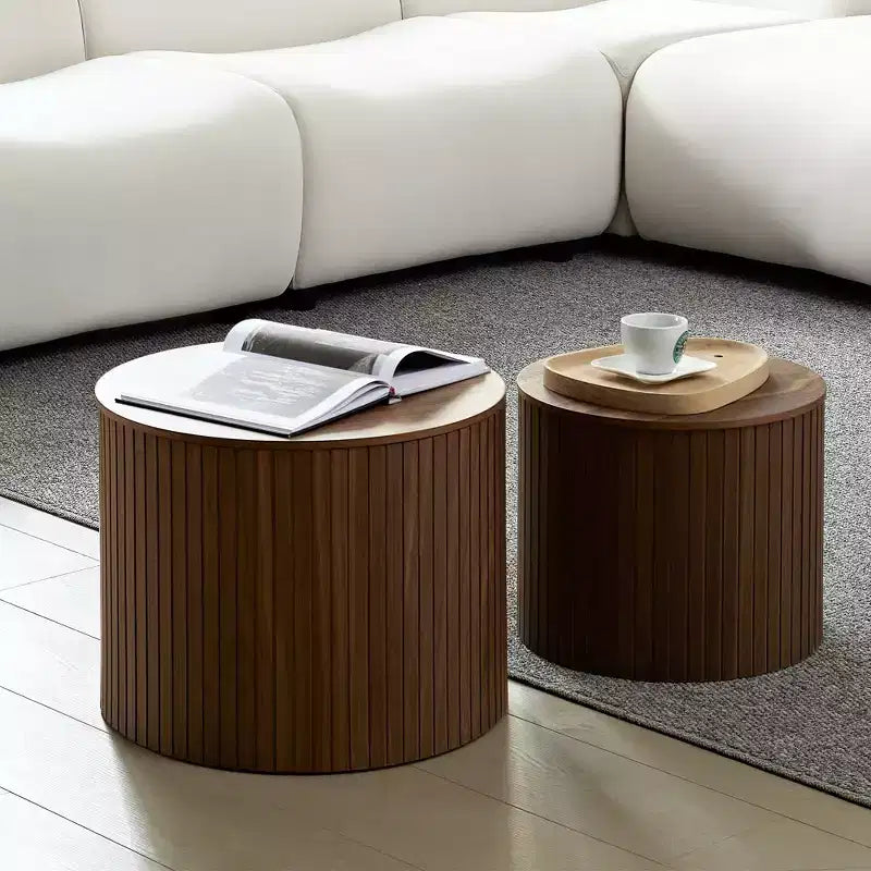 VIYET 19/15 2-Piece Handcrafted Nested Round Table Set, Walnut MDF Coffee/End Table, Space-Saving No-Assembly for Living Room/Lounge