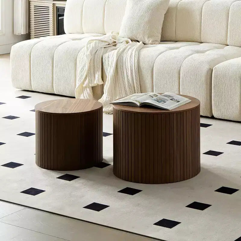 VIYET 19/15 2-Piece Handcrafted Nested Round Table Set, Walnut MDF Coffee/End Table, Space-Saving No-Assembly for Living Room/Lounge