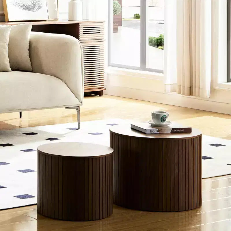 VIYET 19/15 2-Piece Handcrafted Nested Round Table Set, Walnut MDF Coffee/End Table, Space-Saving No-Assembly for Living Room/Lounge