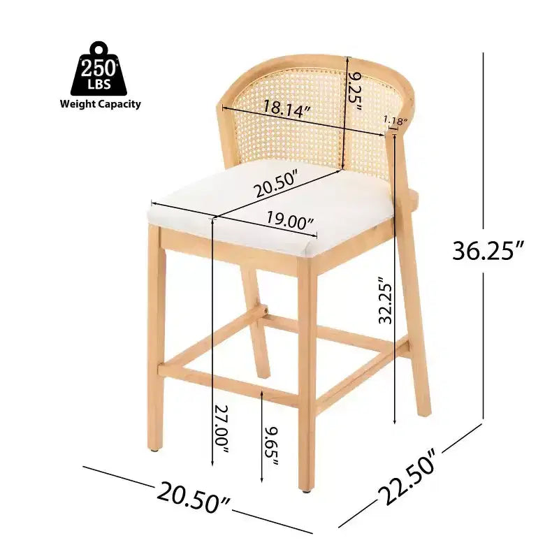 Set of 2 Modern Counter Height Bar Stools with Rattan Curved Back, 27 Seat Height Wood-Leg Stools for Kitchen Island or Home Bar-Panipeachy