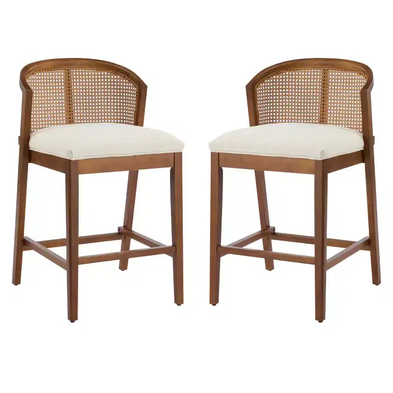 Set of 2 Modern Counter Height Bar Stools with Rattan Curved Back, 27 Seat Height Wood-Leg Stools for Kitchen Island or Home Bar-Panipeachy