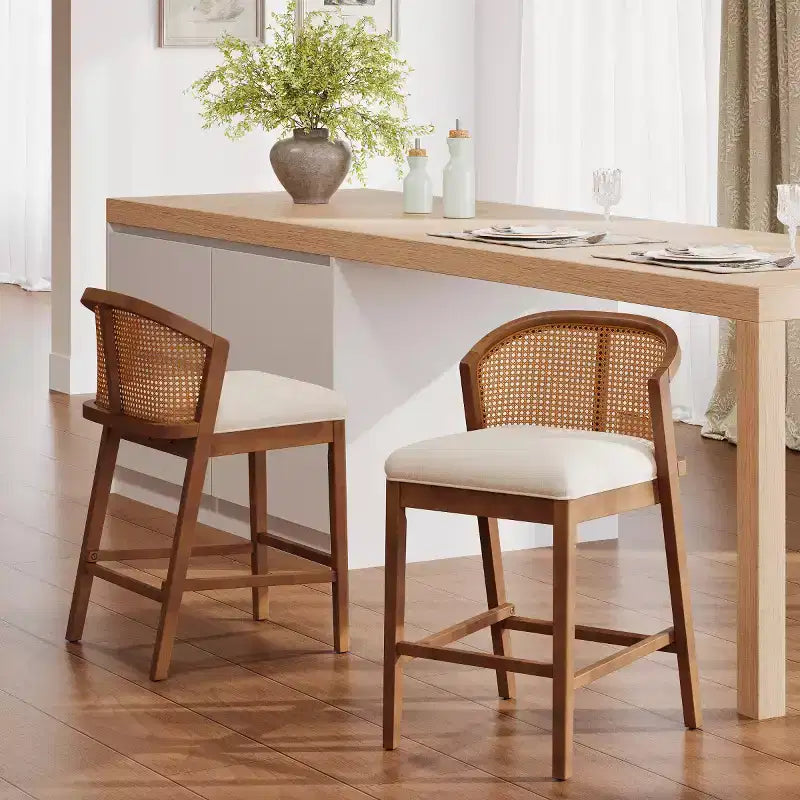 Set of 2 Modern Counter Height Bar Stools with Rattan Curved Back, 27 Seat Height Wood-Leg Stools for Kitchen Island or Home Bar-Panipeachy