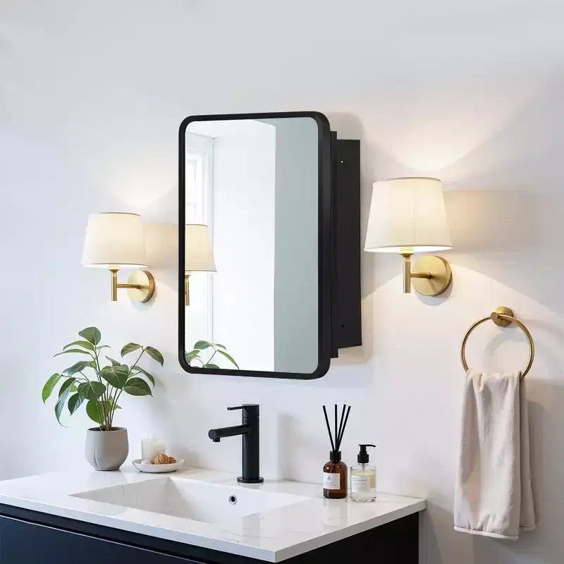 24 x 16 Inch Black Wall-mounted Rounded Rectangular Wrought Iron Framed Medicine Cabinet Mirror Cabinet For Bathroom