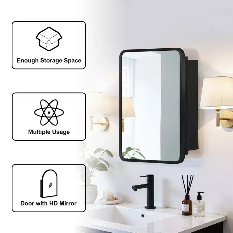 24 x 16 Inch Black Wall-mounted Rounded Rectangular Wrought Iron Framed Medicine Cabinet Mirror Cabinet For Bathroom