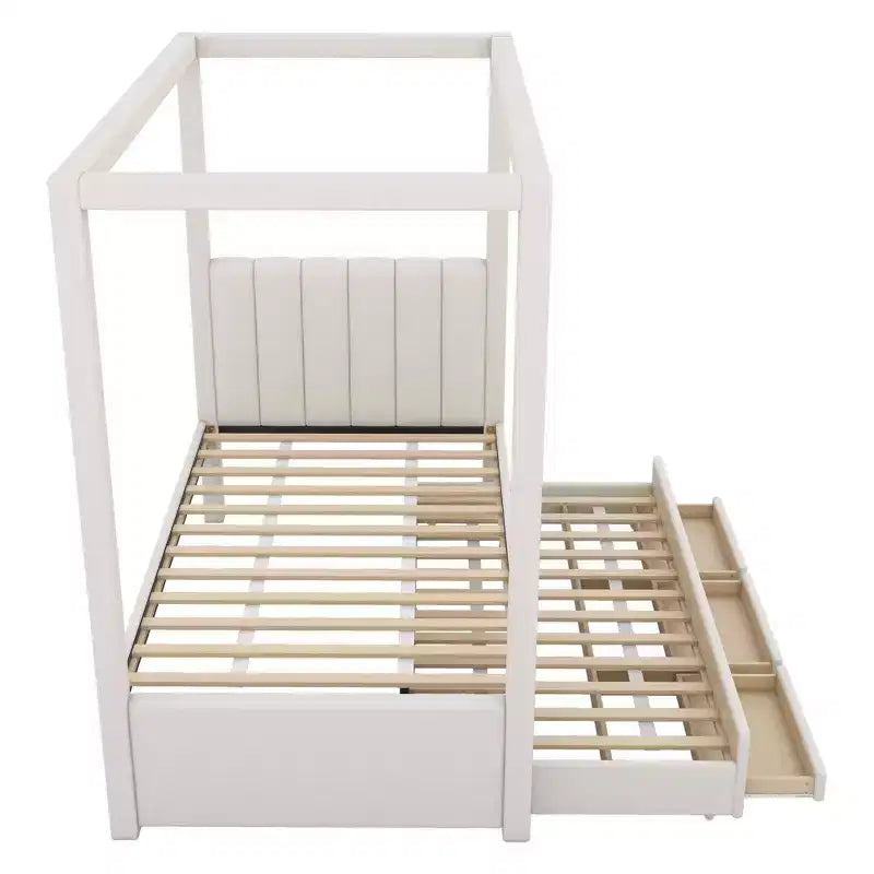 Luxystar Modern Canopy Platform Bed with Upholstery headboard, Trundle and 3 Drawers, Beige