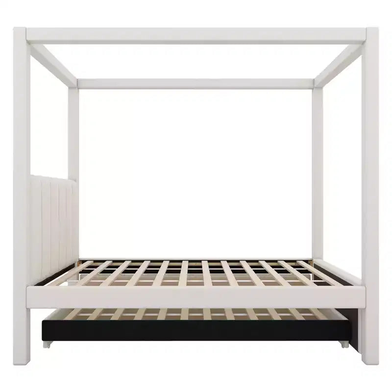 Luxystar Modern Canopy Platform Bed with Upholstery headboard, Trundle and 3 Drawers, Beige