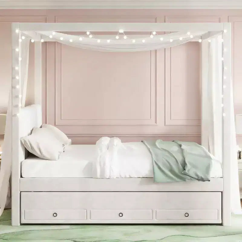 Luxystar Modern Canopy Platform Bed with Upholstery headboard, Trundle and 3 Drawers, Beige