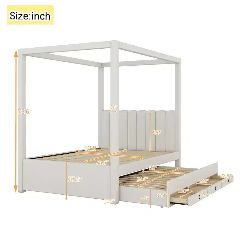 Luxystar Modern Canopy Platform Bed with Upholstery headboard, Trundle and 3 Drawers, Beige