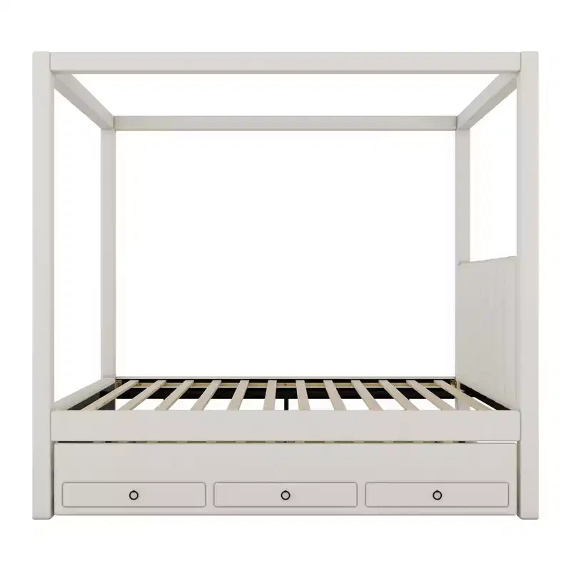 Luxystar Modern Canopy Platform Bed with Upholstery headboard, Trundle and 3 Drawers, Beige