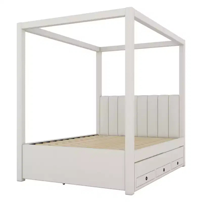 Luxystar Modern Canopy Platform Bed with Upholstery headboard, Trundle and 3 Drawers, Beige