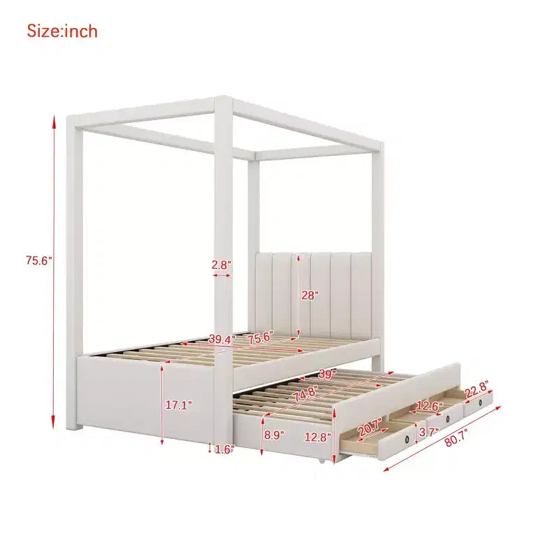 Luxystar Modern Canopy Platform Bed with Upholstery headboard, Trundle and 3 Drawers, Beige