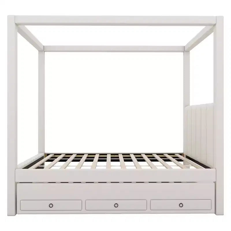 Luxystar Modern Canopy Platform Bed with Upholstery headboard, Trundle and 3 Drawers, Beige