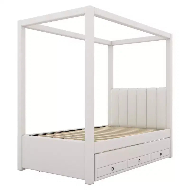 Luxystar Modern Canopy Platform Bed with Upholstery headboard, Trundle and 3 Drawers, Beige
